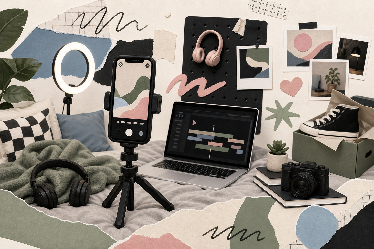 Muted collage of a creator studio with phone tripod, editing laptop, headphones, and moodboard