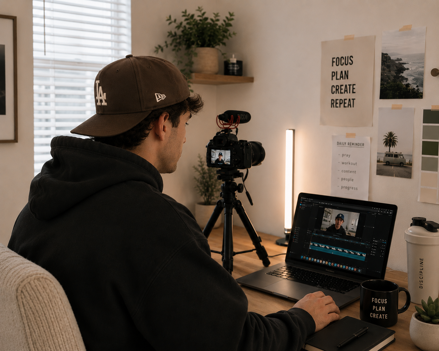 Content creator filming and editing video in a home studio